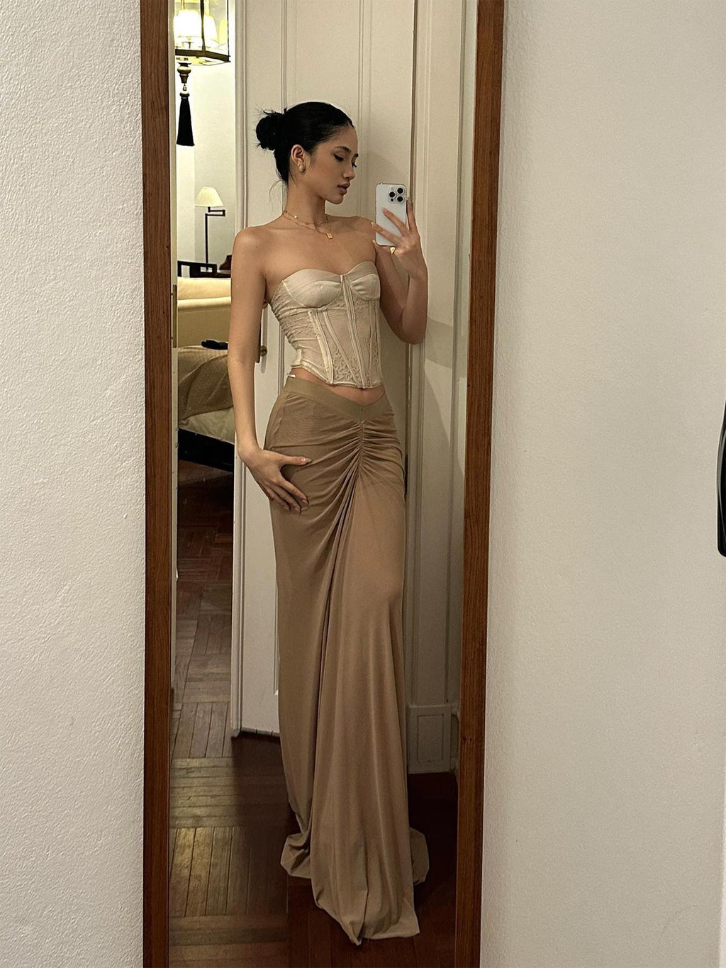 rovente Coffee Brown Pleated Mesh Fishtail Women's Polyester Spandex Maxi Skirts