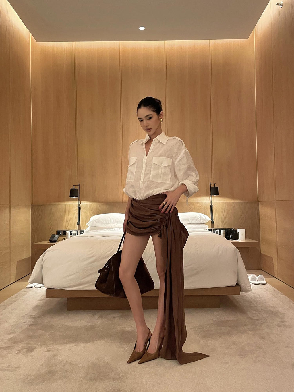 rovente Coffee Brown Ruching Low Waist Women's Poly Cotton Bodycon Skirts
