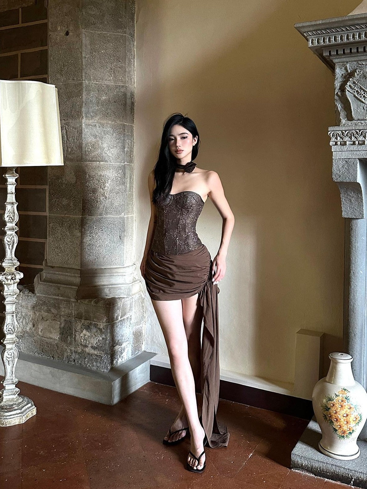 rovente Coffee Brown Ruching Low Waist Women's Poly Cotton Bodycon Skirts