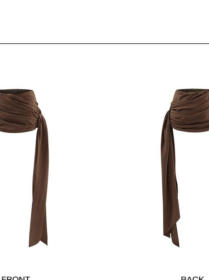 rovente Coffee Brown Ruching Low Waist Women's Poly Cotton Bodycon Skirts