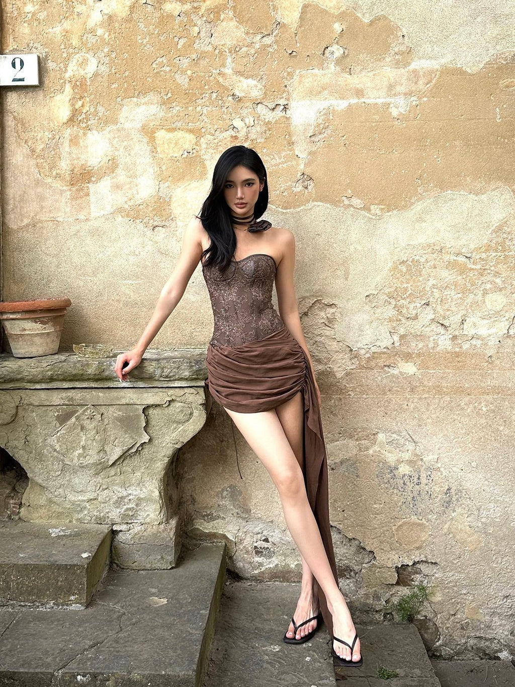 rovente Coffee Brown Ruching Low Waist Women's Poly Cotton Bodycon Skirts