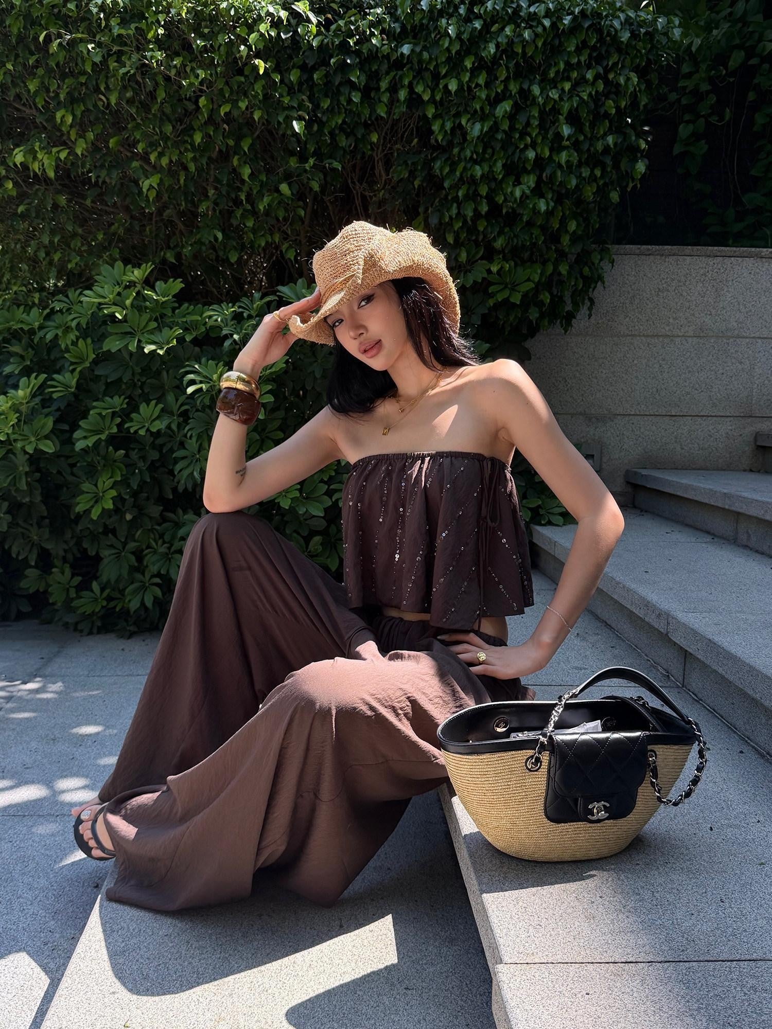 rovente Coffee Brown Shooting Star Linear Sequined Boho Women's Tube Tops