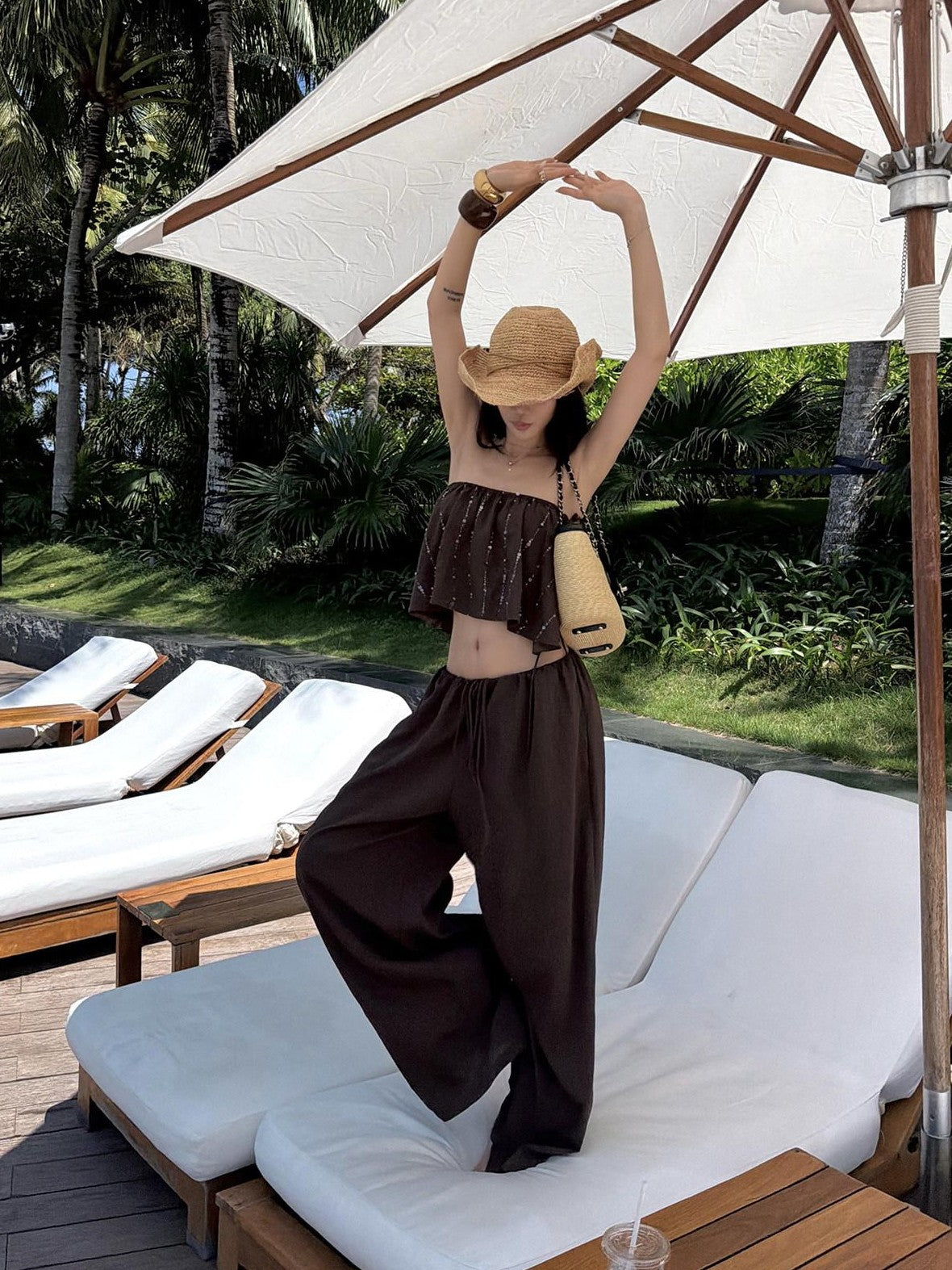 rovente Coffee Brown Shooting Star Linear Sequined Boho Women's Tube Tops