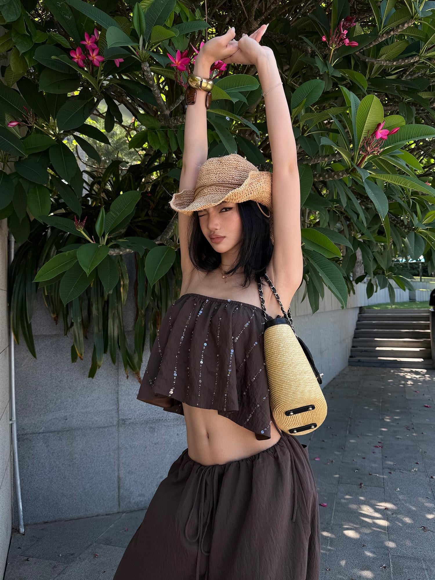 rovente Coffee Brown Shooting Star Linear Sequined Boho Women's Tube Tops