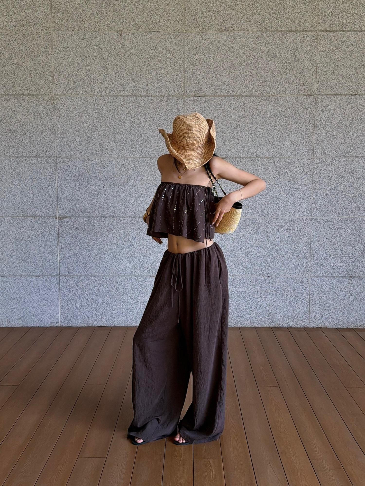 rovente Coffee Brown Shooting Star Linear Sequined Boho Women's Tube Tops