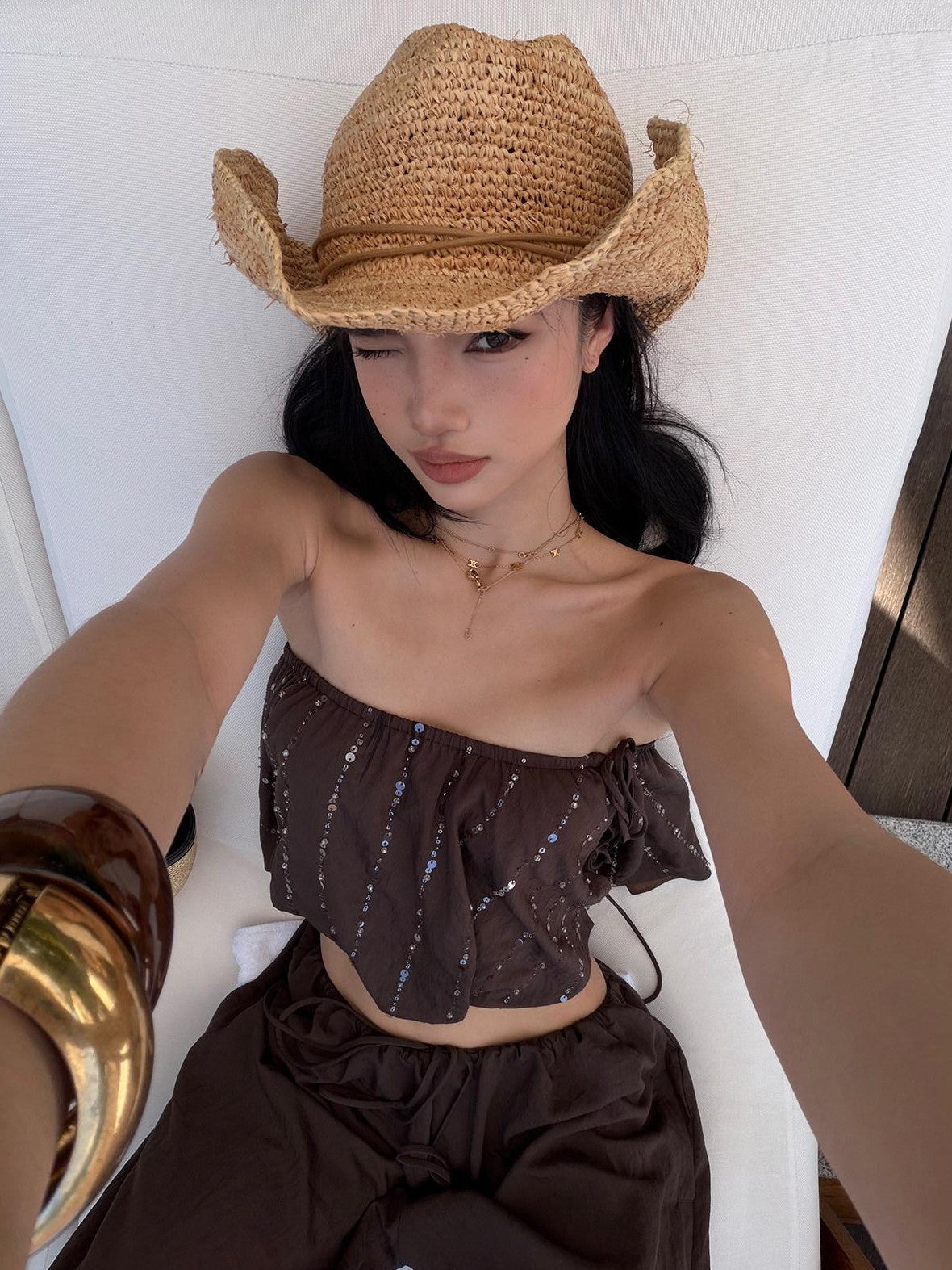 rovente Coffee Brown Shooting Star Linear Sequined Boho Women's Tube Tops
