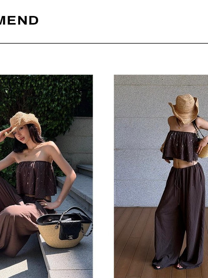 rovente Coffee Brown Shooting Star Linear Sequined Boho Women's Tube Tops