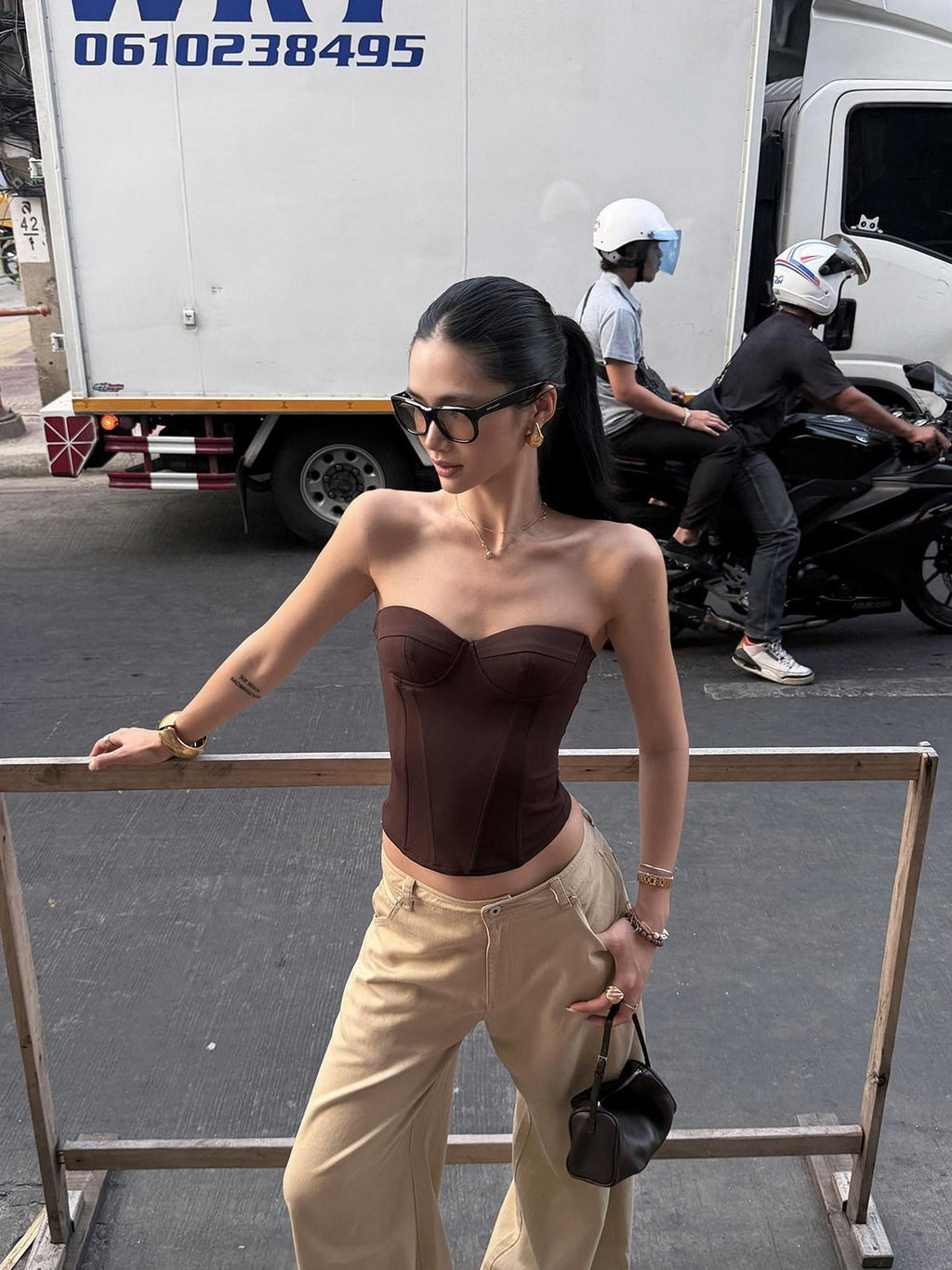 rovente Coffee Brown Strapless Boned Cropped Slim Fitted Women's Tube Tops