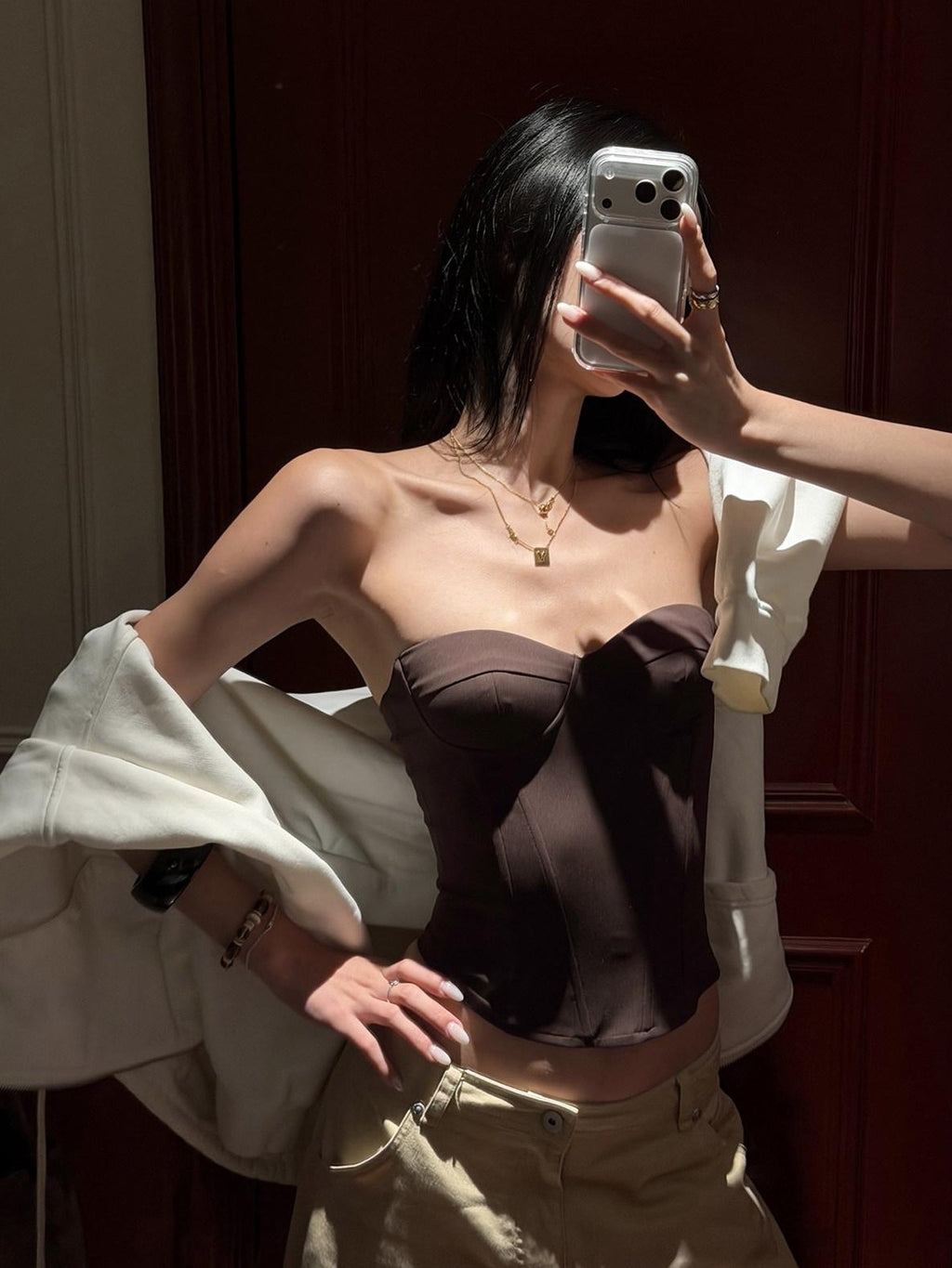 rovente Coffee Brown Strapless Boned Cropped Slim Fitted Women's Tube Tops