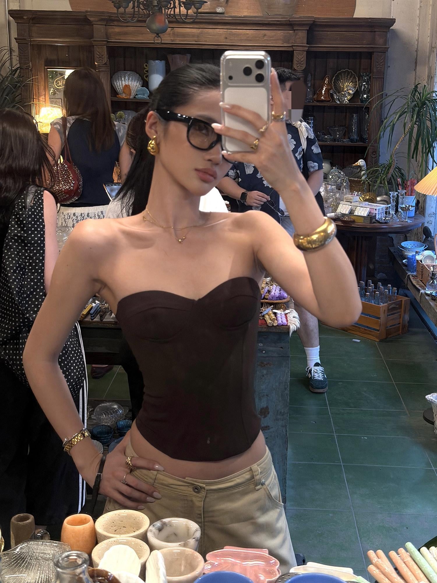 rovente Coffee Brown Strapless Boned Cropped Slim Fitted Women's Tube Tops