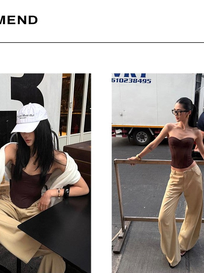 rovente Coffee Brown Strapless Boned Cropped Slim Fitted Women's Tube Tops