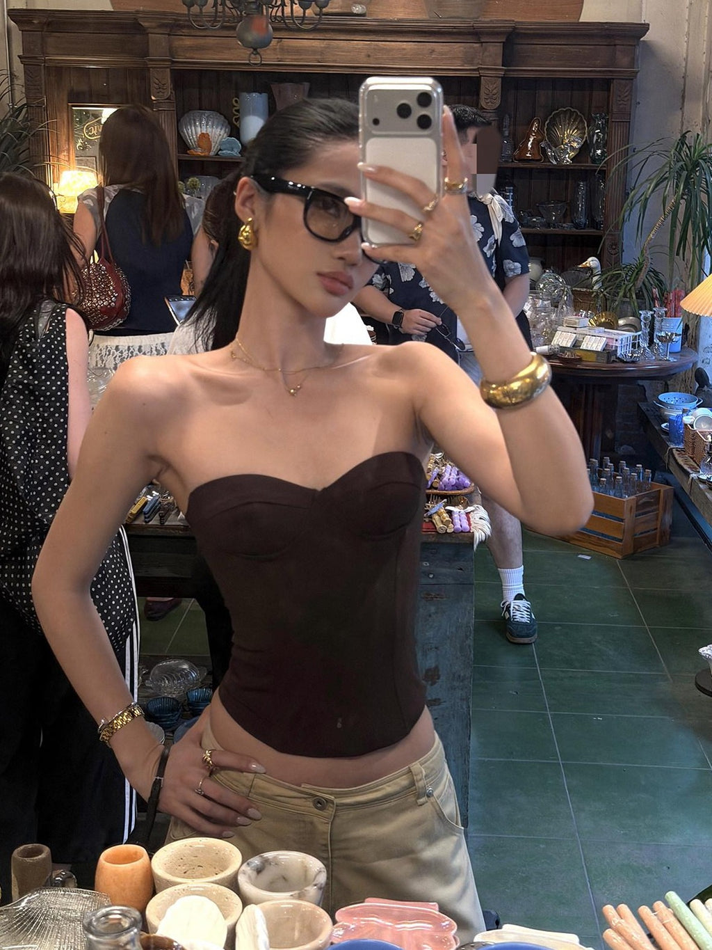 rovente Coffee Brown Strapless Boned Cropped Slim Fitted Women's Tube Tops