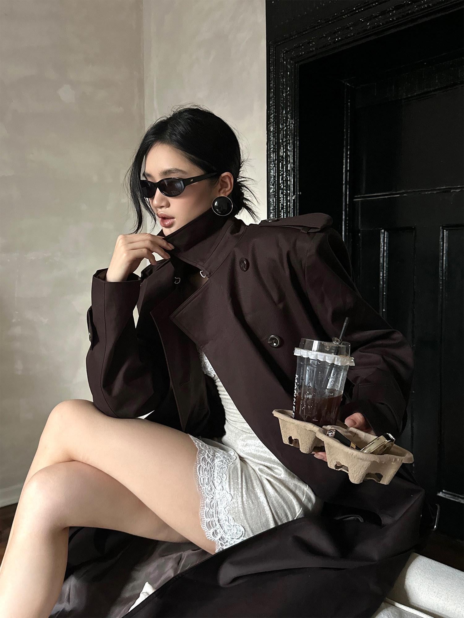 rovente Coffee Epaulette Lapel Button Straight Long Women's Cotton Double-breasted Coats