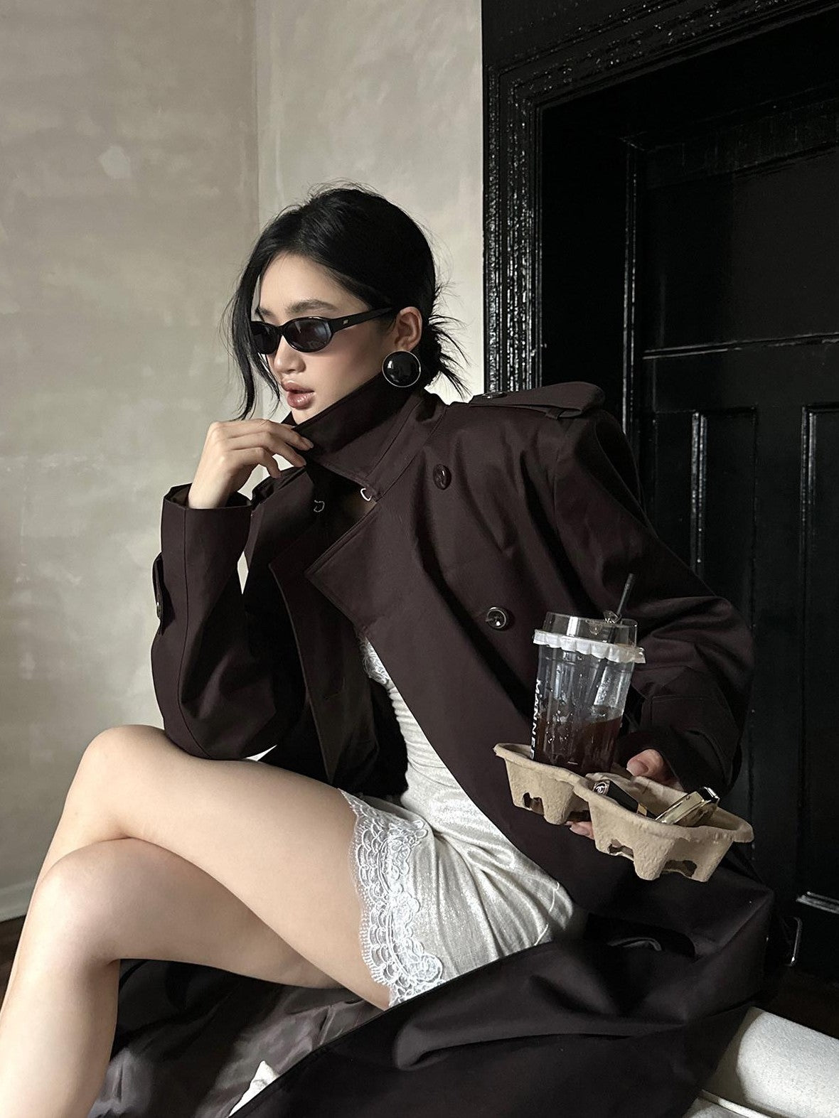 rovente Coffee Epaulette Lapel Button Straight Long Women's Cotton Double-breasted Coats