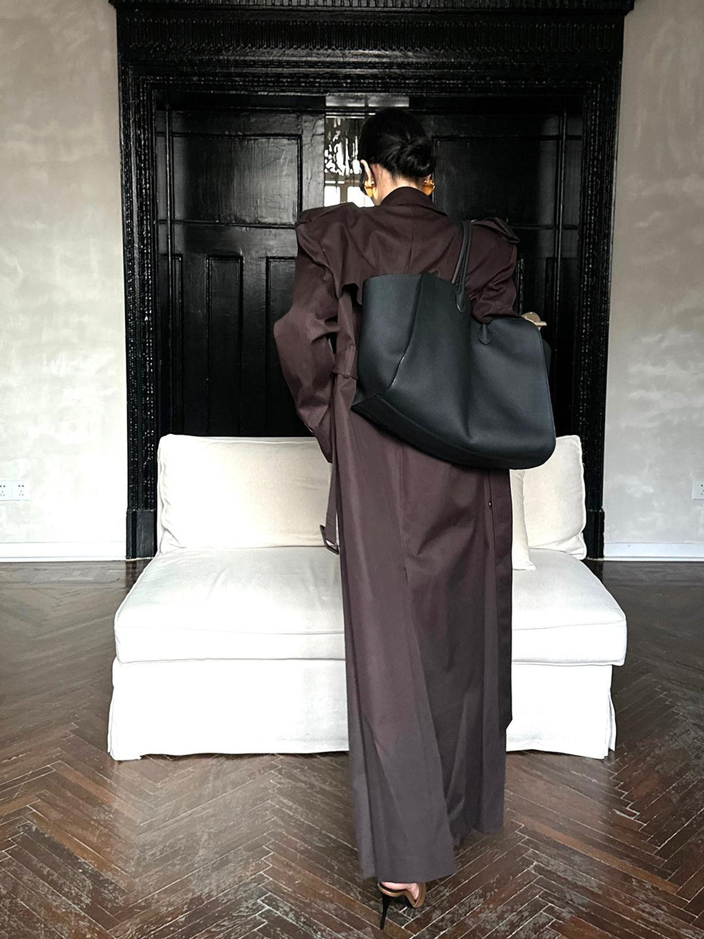 rovente Coffee Epaulette Lapel Button Straight Long Women's Cotton Double-breasted Coats