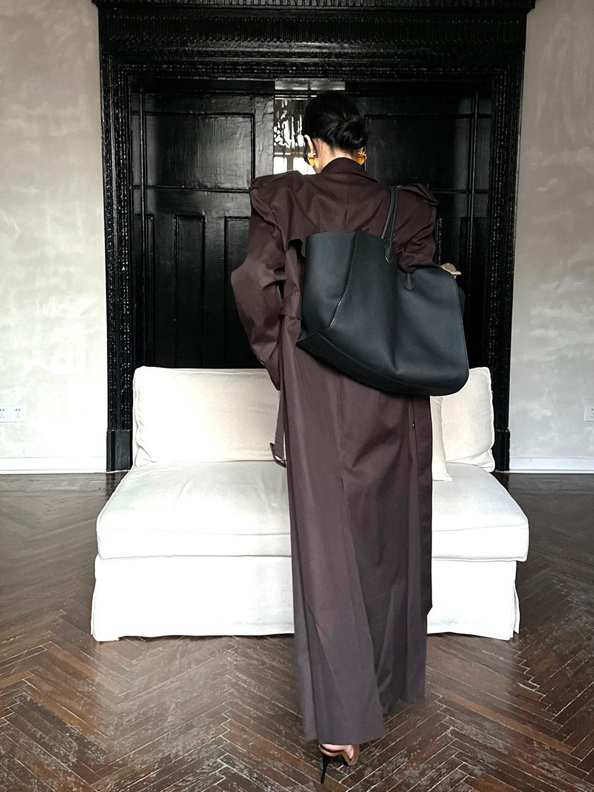 rovente Coffee Epaulette Lapel Button Straight Long Women's Cotton Double-breasted Coats