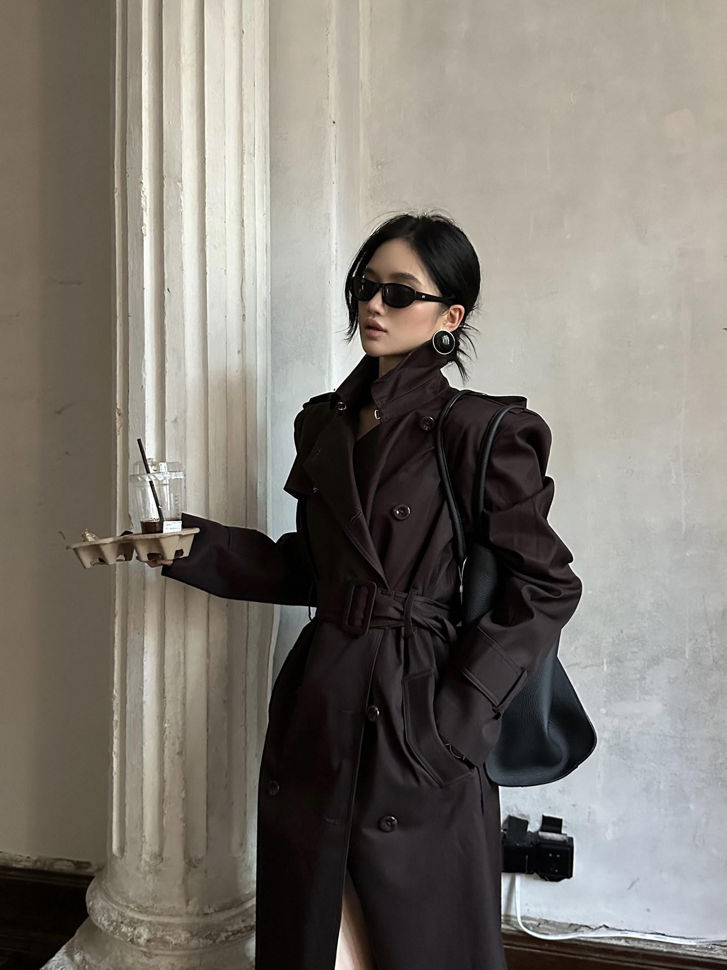 rovente Coffee Epaulette Lapel Button Straight Long Women's Cotton Double-breasted Coats
