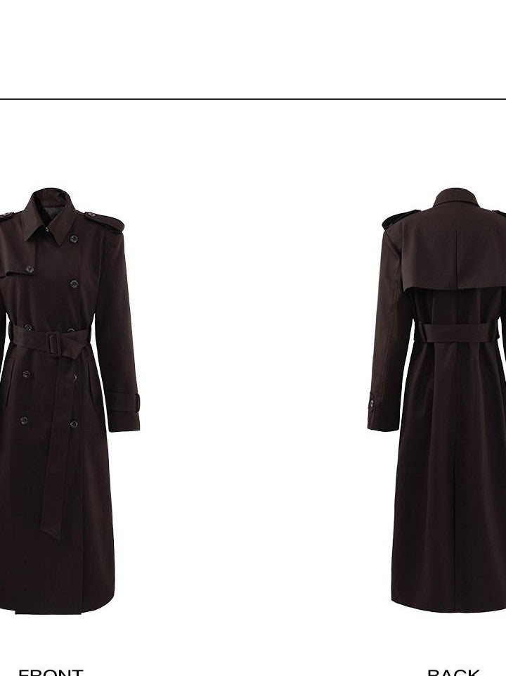 rovente Coffee Epaulette Lapel Button Straight Long Women's Cotton Double-breasted Coats