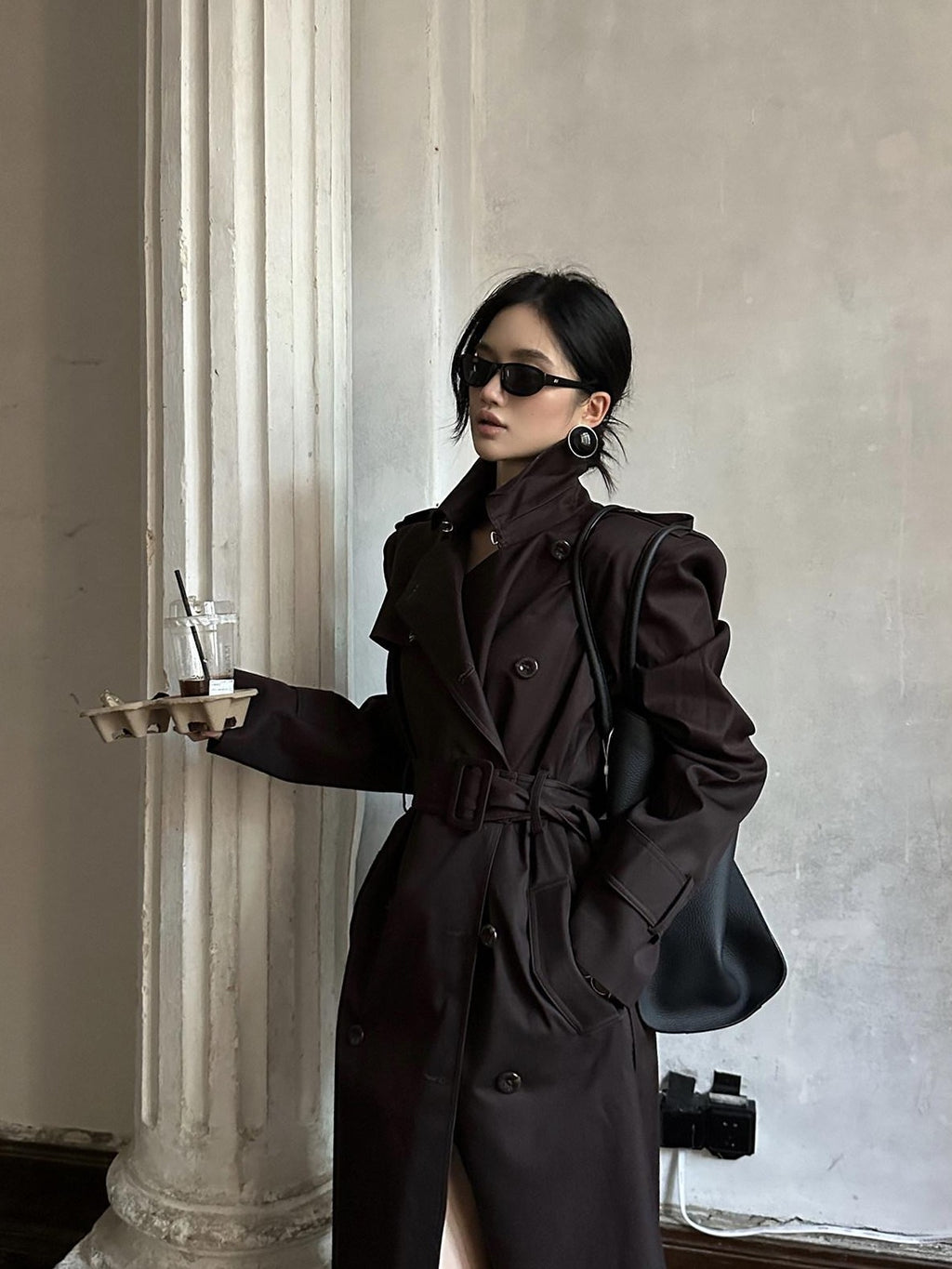 rovente Coffee Epaulette Lapel Button Straight Long Women's Cotton Double-breasted Coats