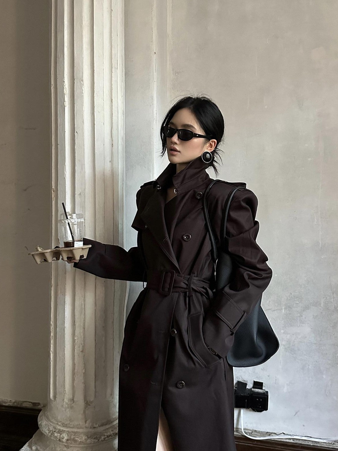 rovente Coffee Epaulette Lapel Button Straight Long Women's Cotton Double-breasted Coats