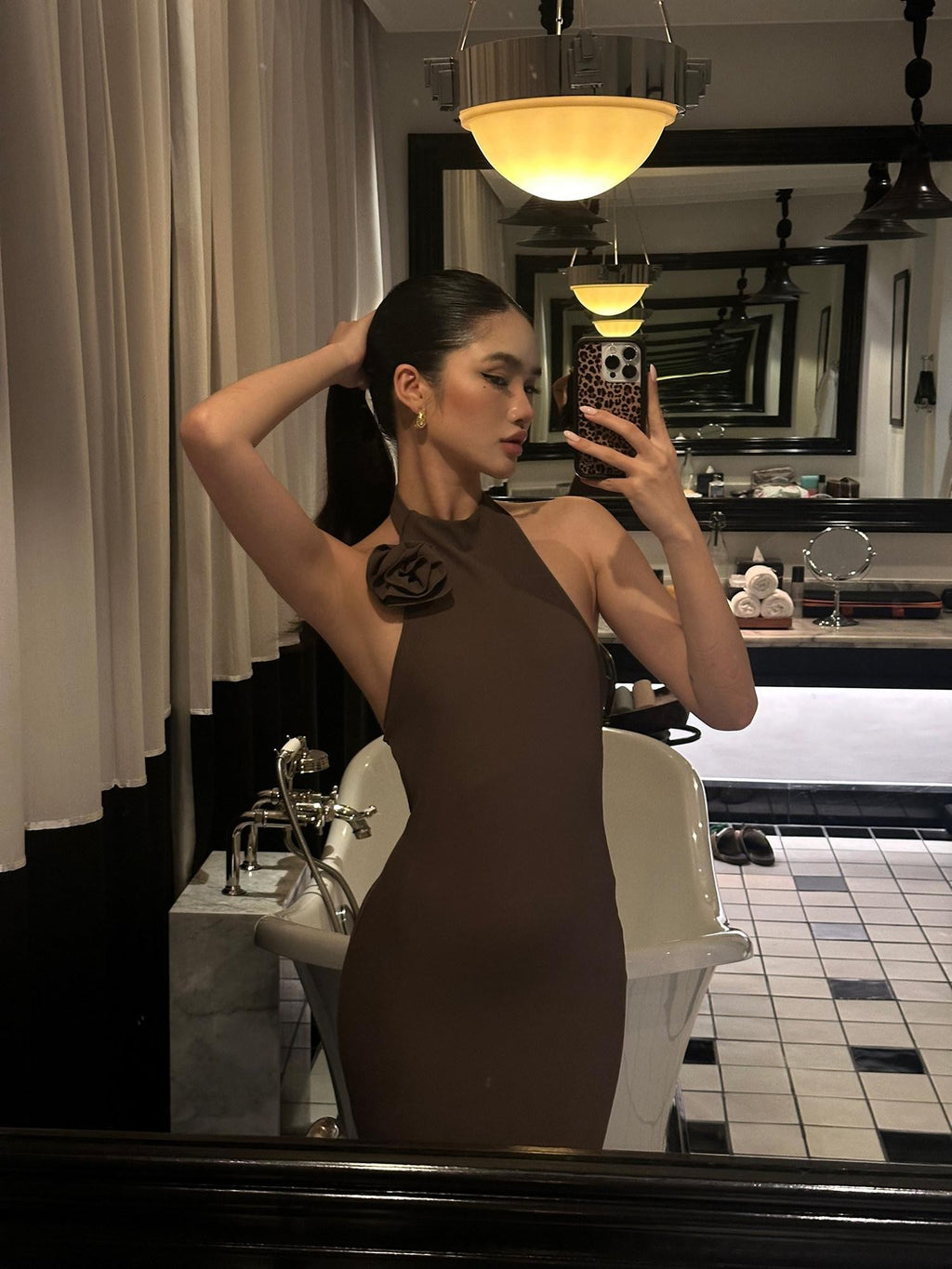 rovente Coffee Halter Open Back Waist Cinched Women's Knit Bodycon Maxi Dresses