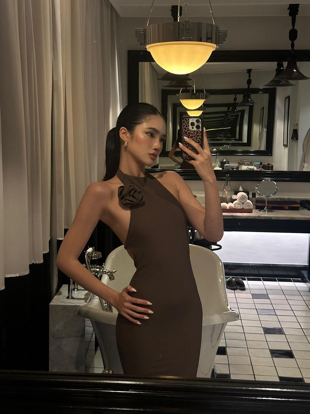 rovente Coffee Halter Open Back Waist Cinched Women's Knit Bodycon Maxi Dresses