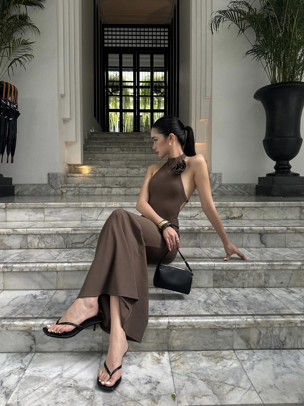 rovente Coffee Halter Open Back Waist Cinched Women's Knit Bodycon Maxi Dresses