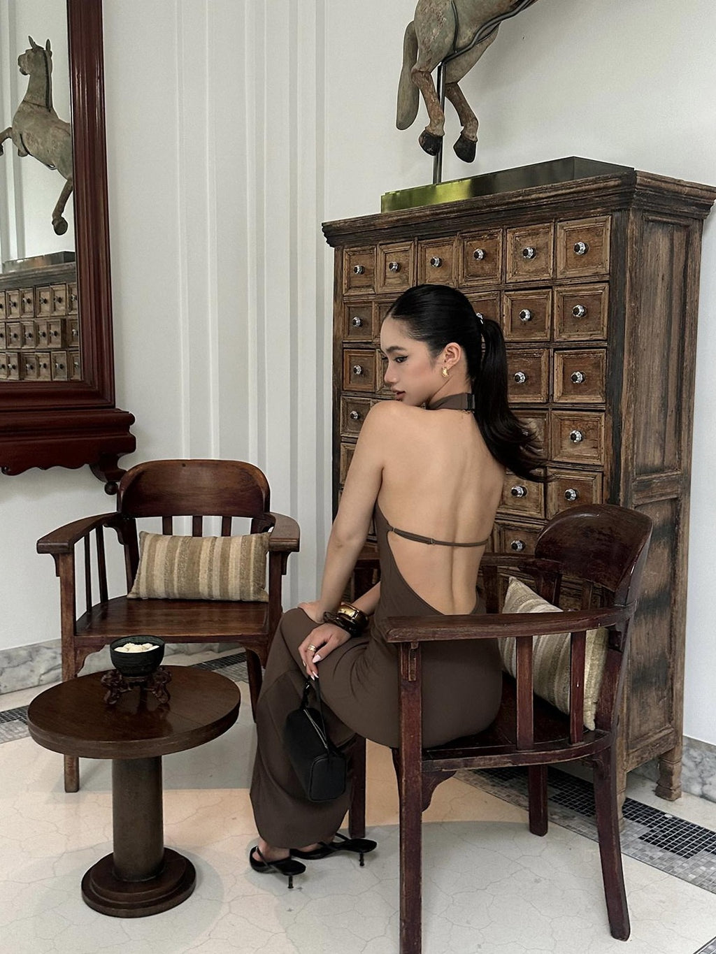 rovente Coffee Halter Open Back Waist Cinched Women's Knit Bodycon Maxi Dresses