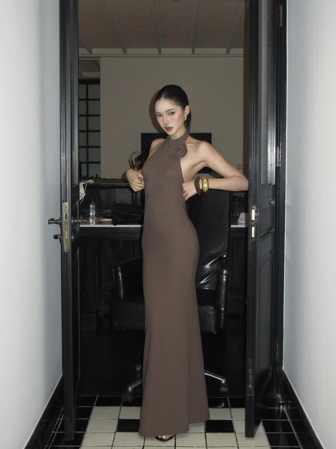 rovente Coffee Halter Open Back Waist Cinched Women's Knit Bodycon Maxi Dresses