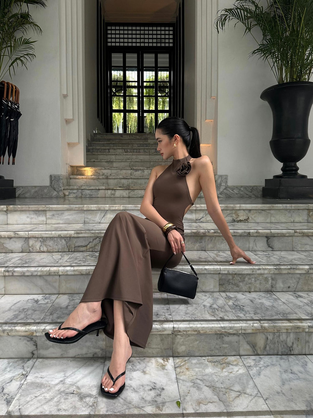 rovente Coffee Halter Open Back Waist Cinched Women's Knit Bodycon Maxi Dresses