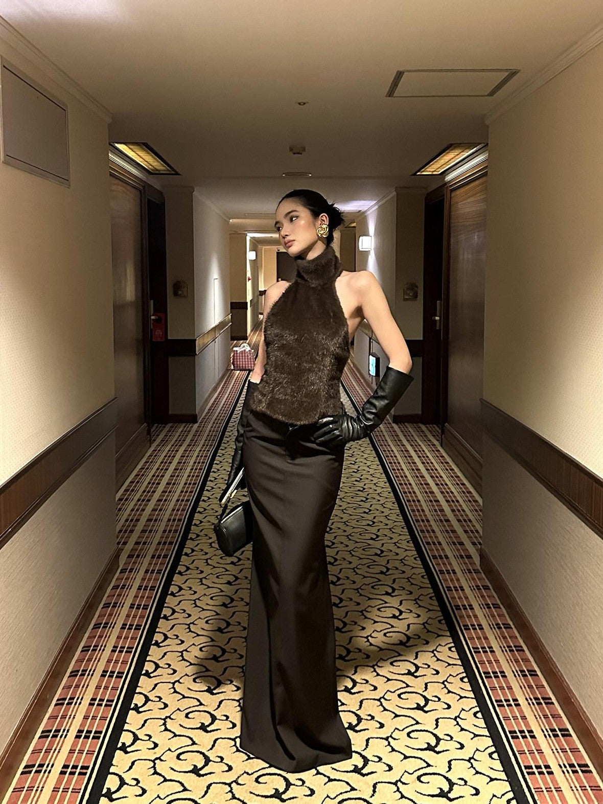 rovente Coffee Hip Hugging Straight Back Slit Low Waist Women's Poly Wool Maxi Skirts