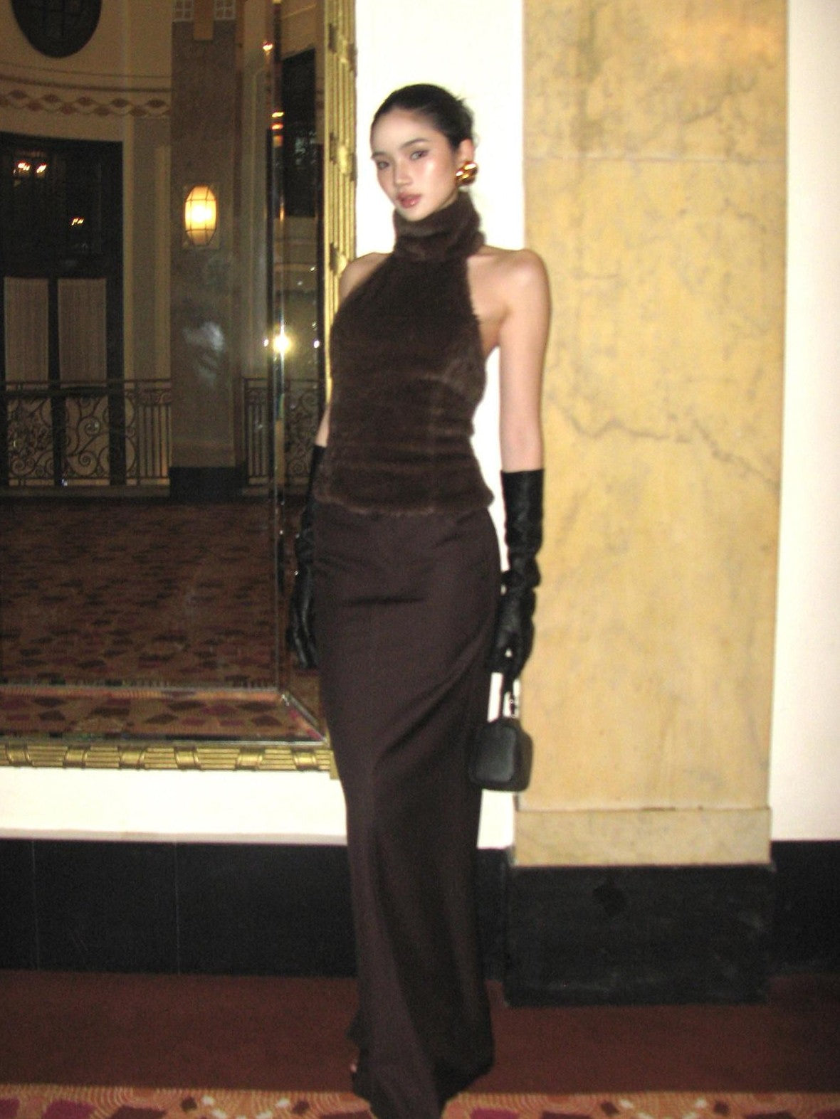 rovente Coffee Hip Hugging Straight Back Slit Low Waist Women's Poly Wool Maxi Skirts