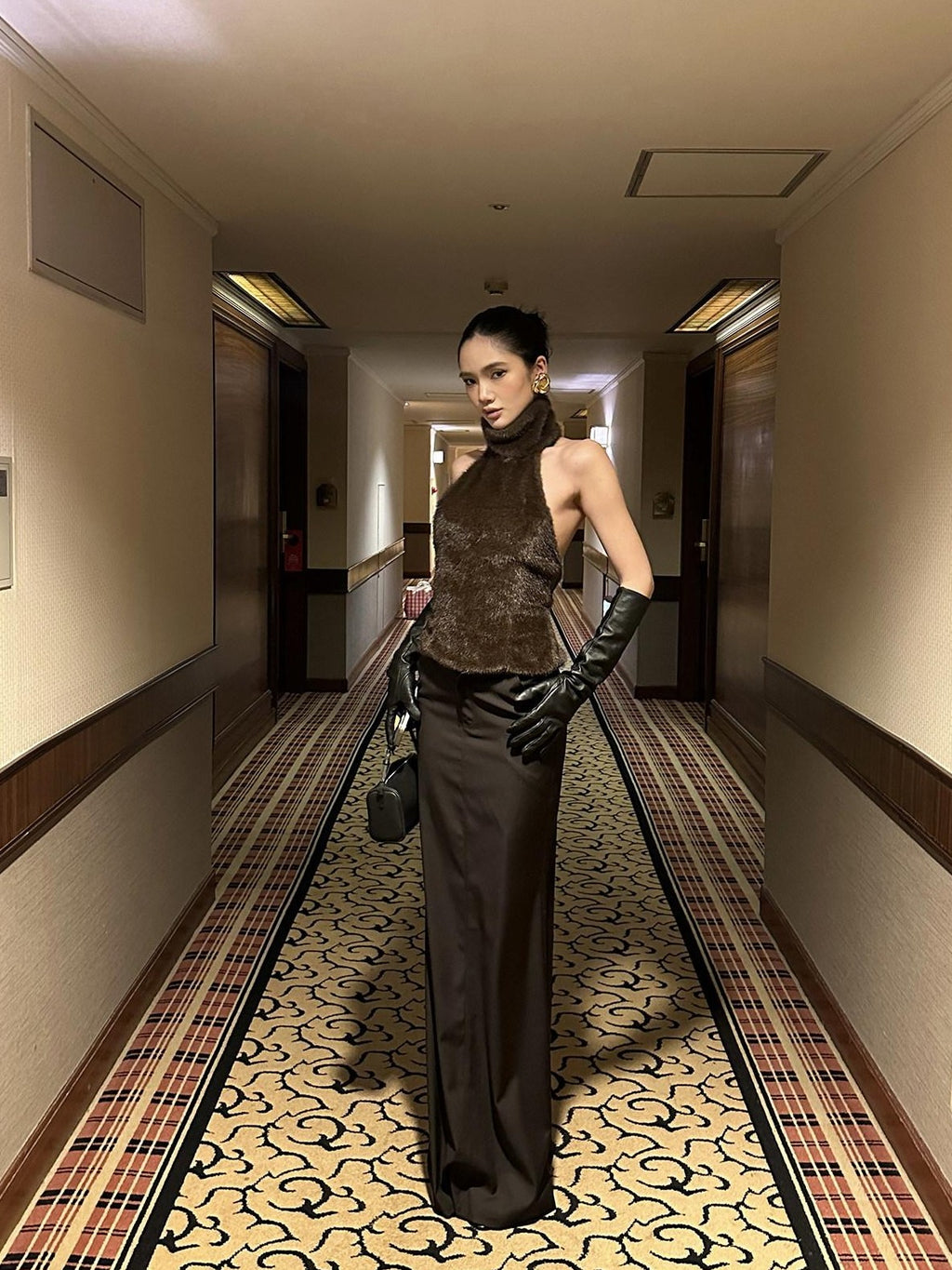 rovente Coffee Hip Hugging Straight Back Slit Low Waist Women's Poly Wool Maxi Skirts