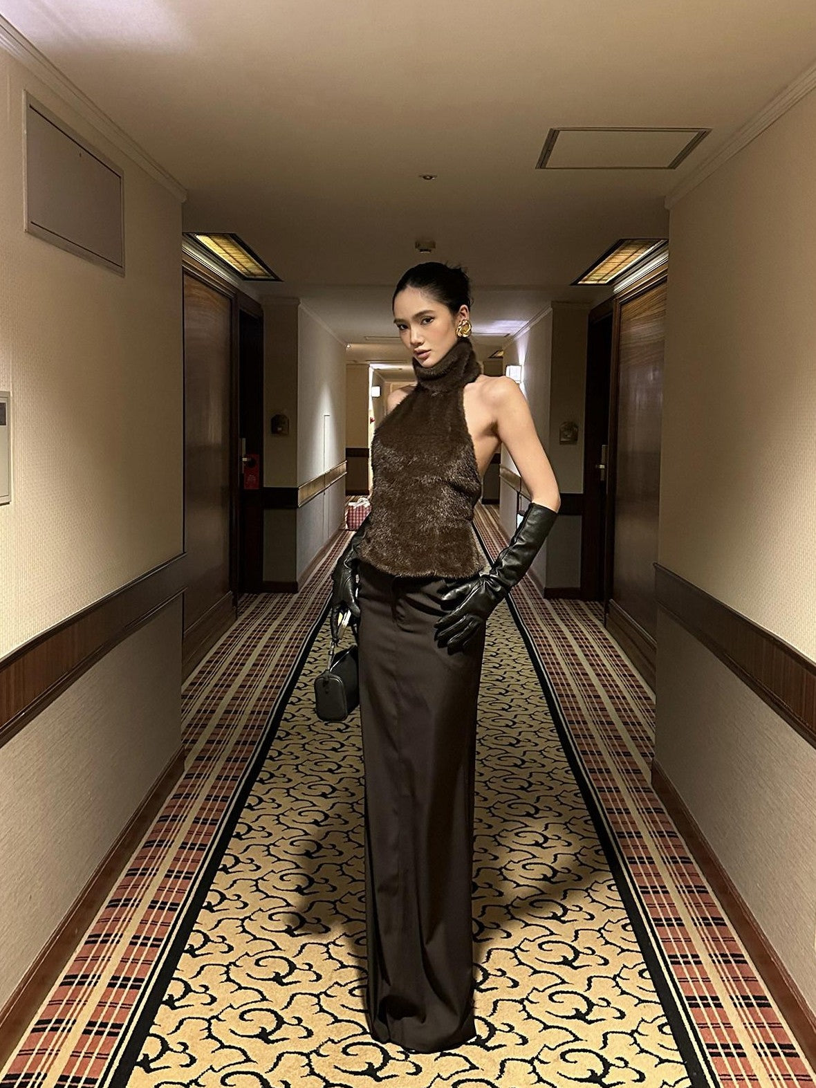 rovente Coffee Hip Hugging Straight Back Slit Low Waist Women's Poly Wool Maxi Skirts