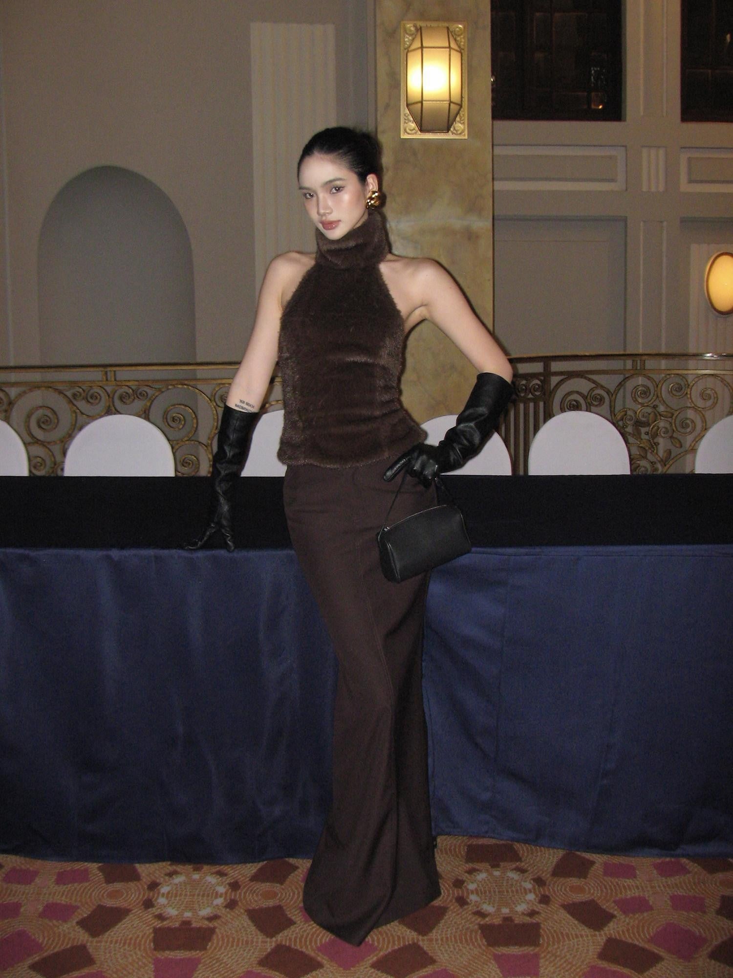 rovente Coffee Hip Hugging Straight Back Slit Low Waist Women's Poly Wool Maxi Skirts