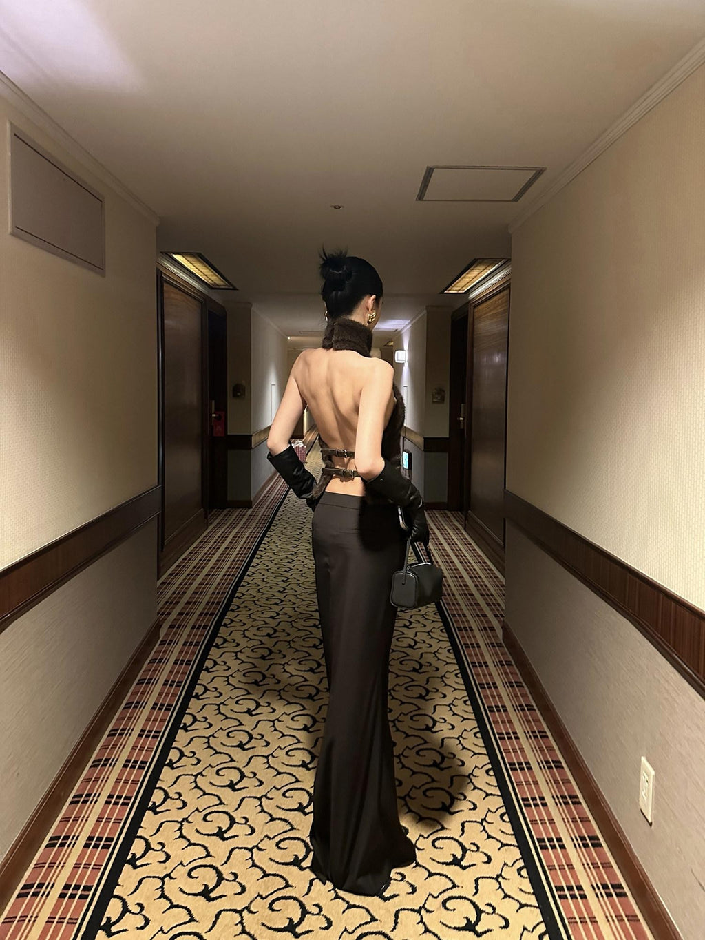 rovente Coffee Hip Hugging Straight Back Slit Low Waist Women's Poly Wool Maxi Skirts