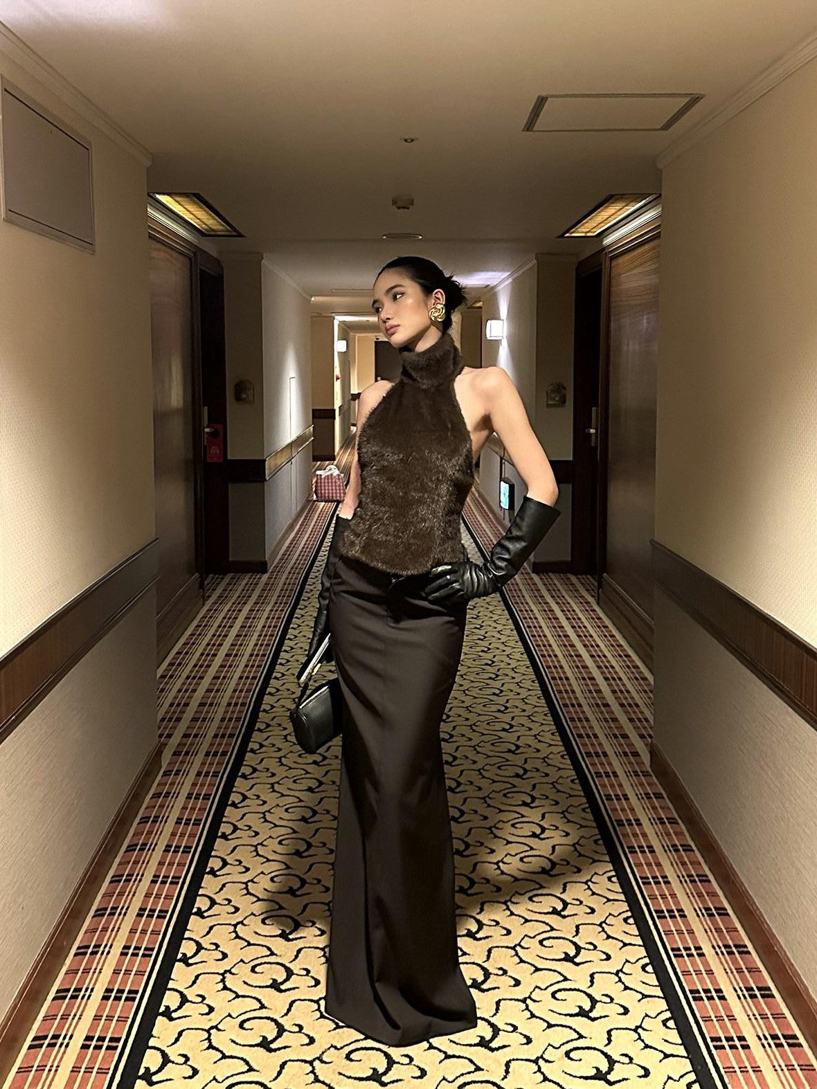 rovente Coffee Hip Hugging Straight Back Slit Low Waist Women's Poly Wool Maxi Skirts