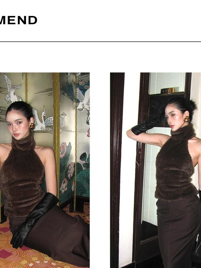 rovente Coffee Hip Hugging Straight Back Slit Low Waist Women's Poly Wool Maxi Skirts