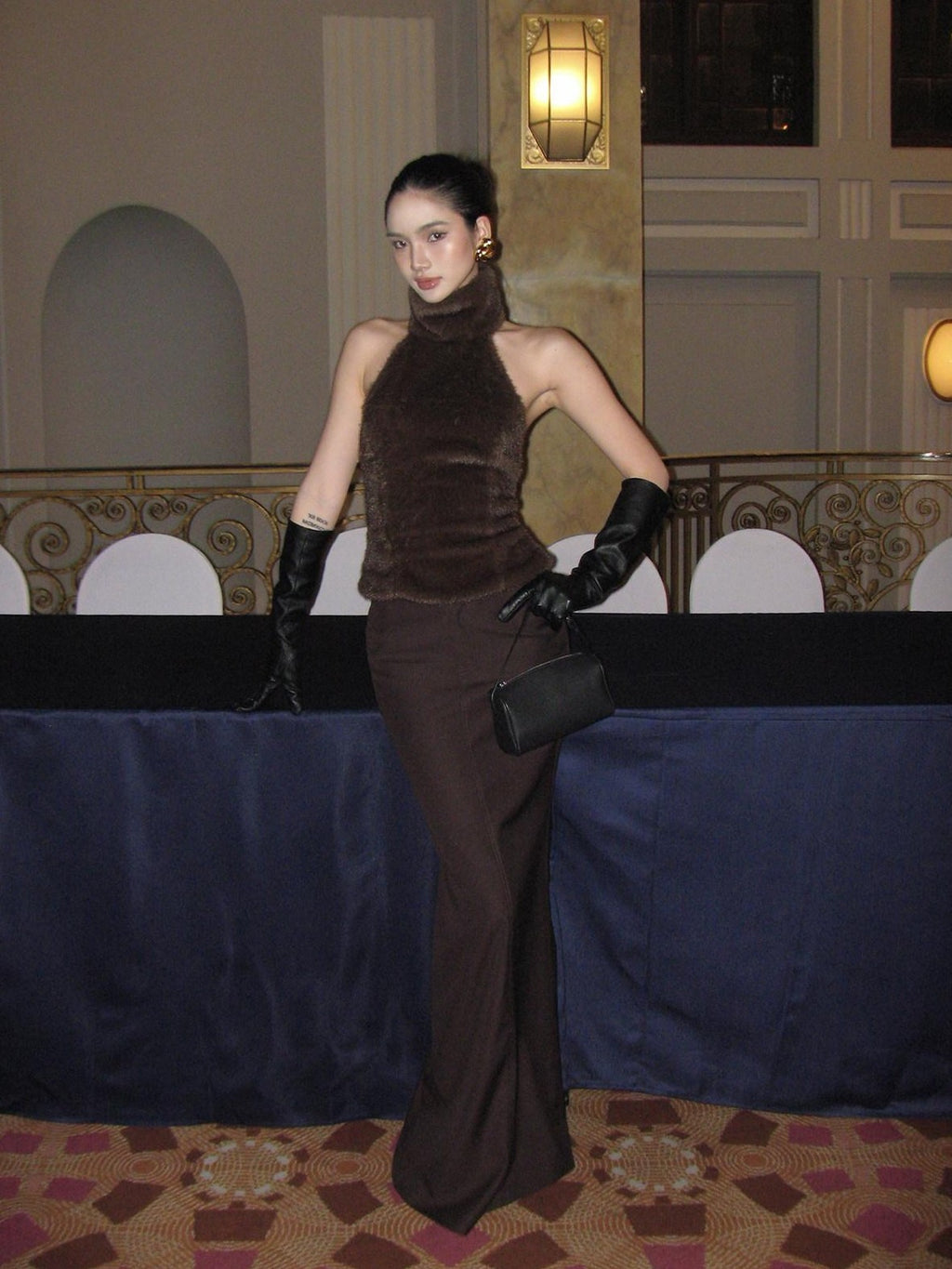 rovente Coffee Hip Hugging Straight Back Slit Low Waist Women's Poly Wool Maxi Skirts