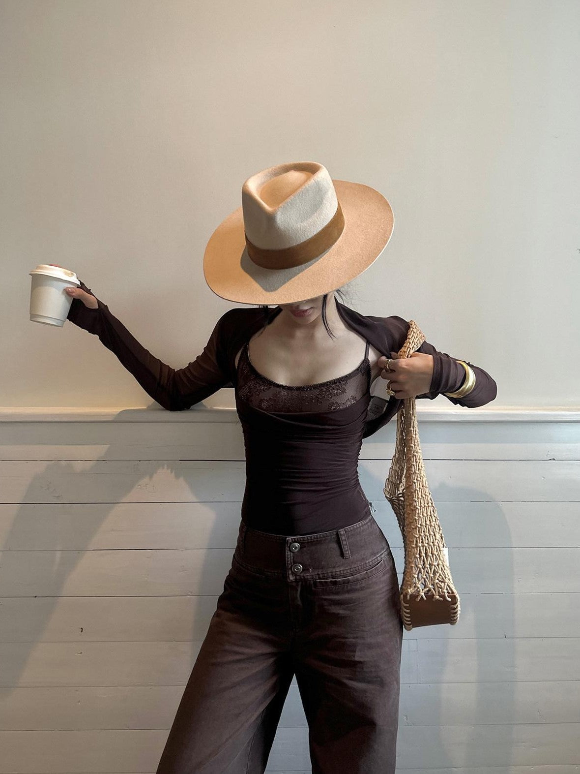 rovente Coffee Lace Knit Two Piece Women's Polyester Blend Spaghetti-strap Camisoles