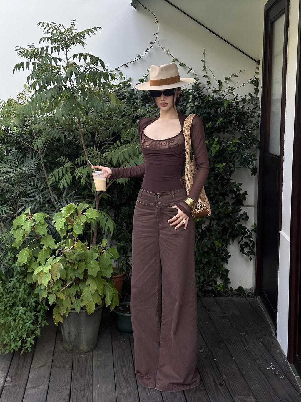 rovente Coffee Lace Knit Two Piece Women's Polyester Blend Spaghetti-strap Camisoles