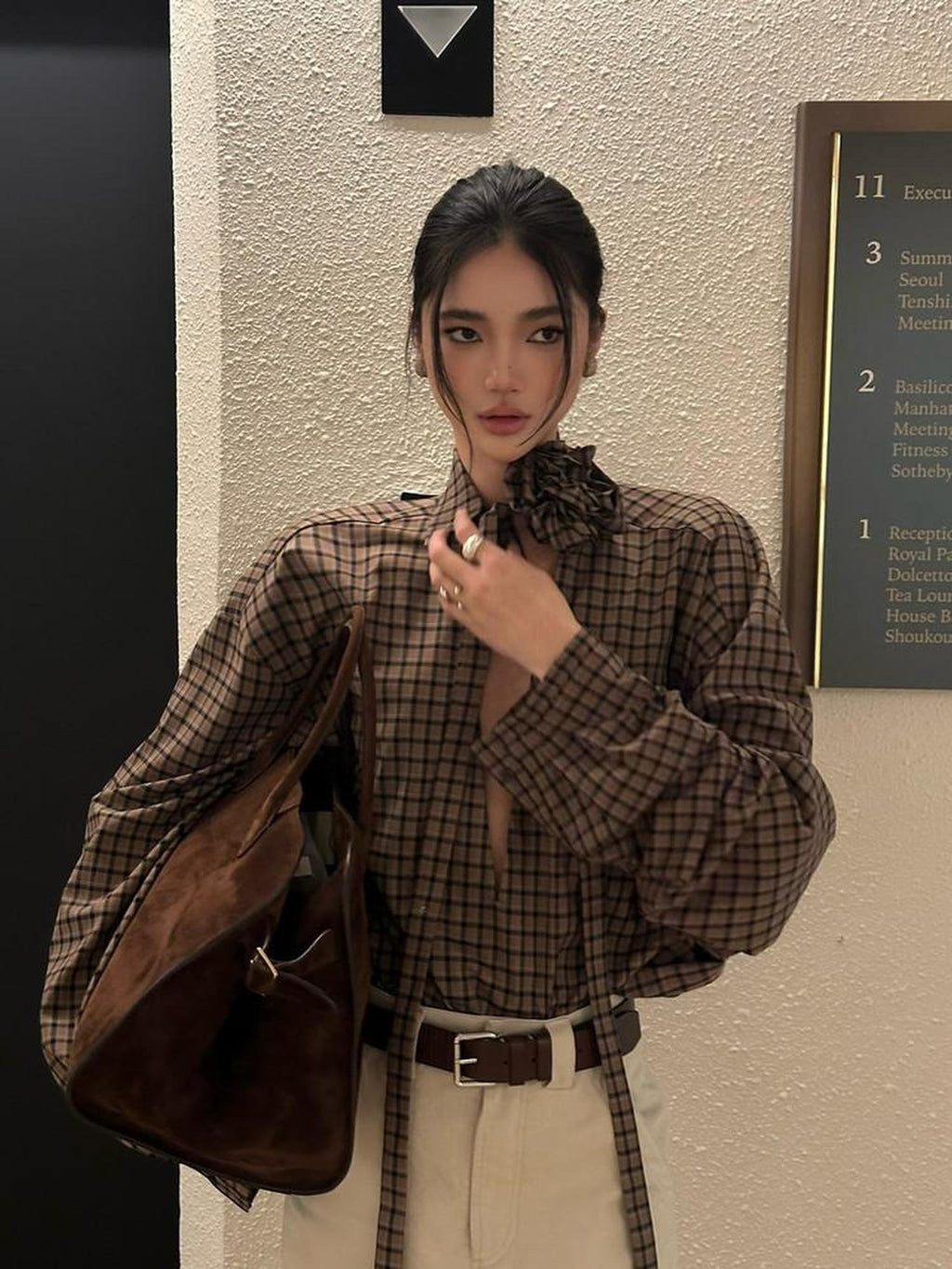 rovente Coffee Plaid Ribbon Tie V-neck Patch Pocket Women's Shirt Jackets