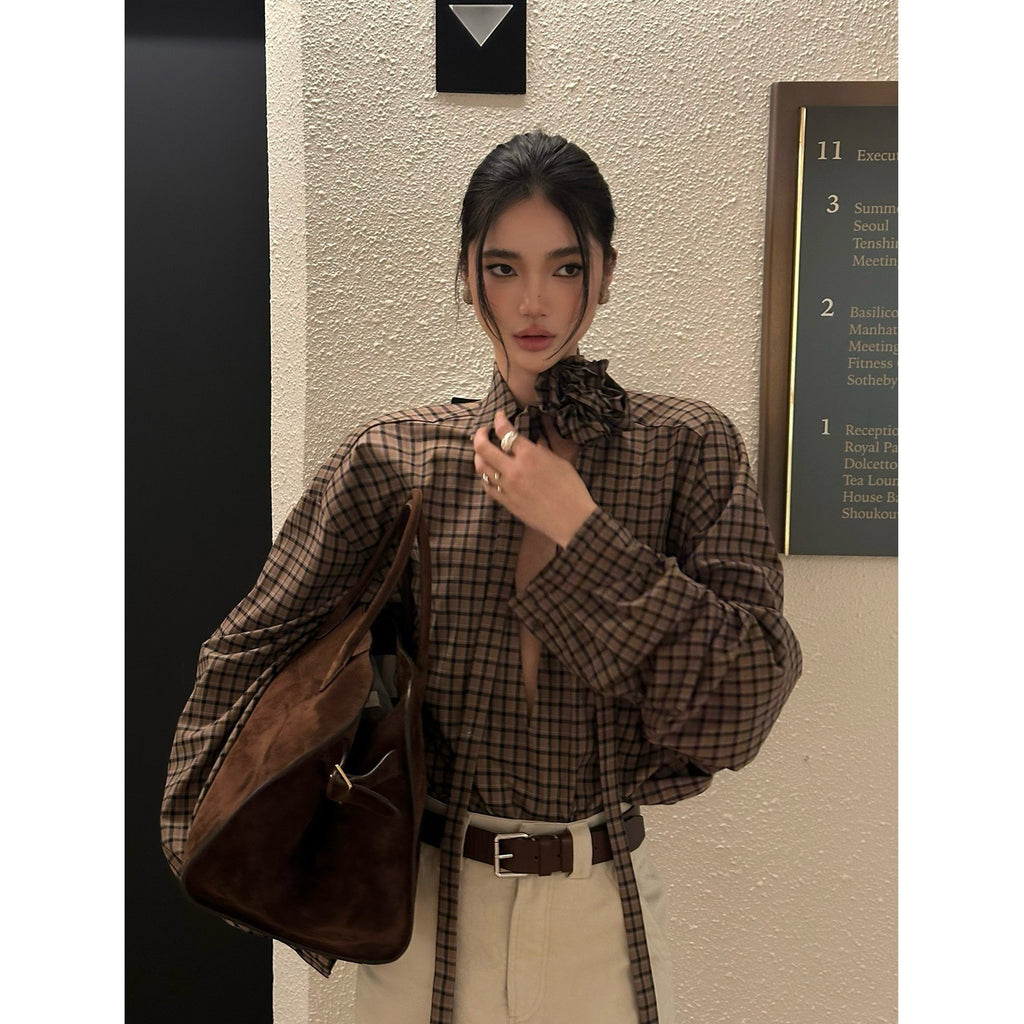 rovente_Coffee_Plaid_Tie_Neck_V-neck_Long_Sleeve_Women's_Viscose_Blend_Shirt_Jackets_863177500312_MISSTT