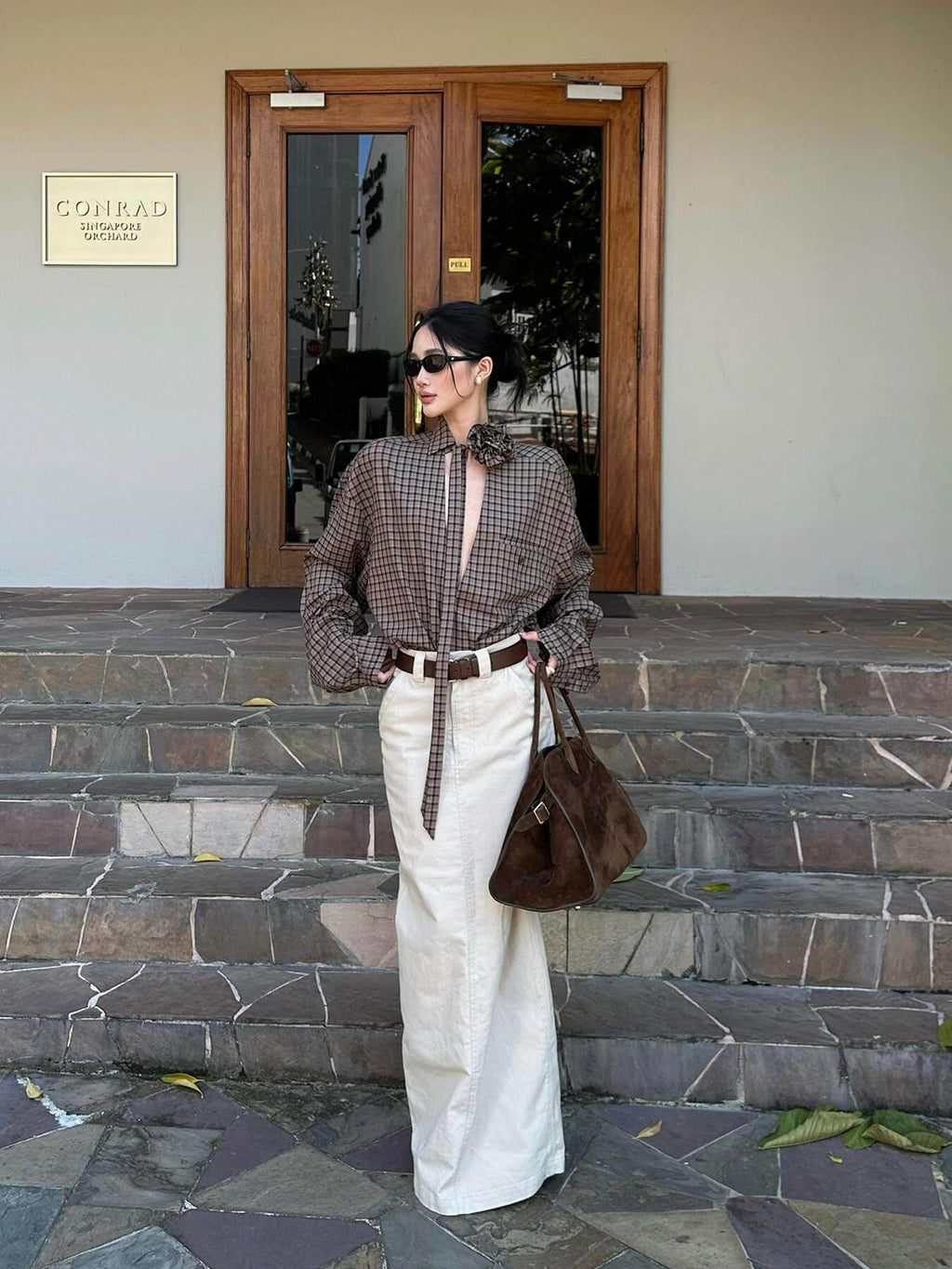rovente Coffee Plaid Tie Neck V-neck Long Sleeve Women's Viscose Blend Shirt Jackets