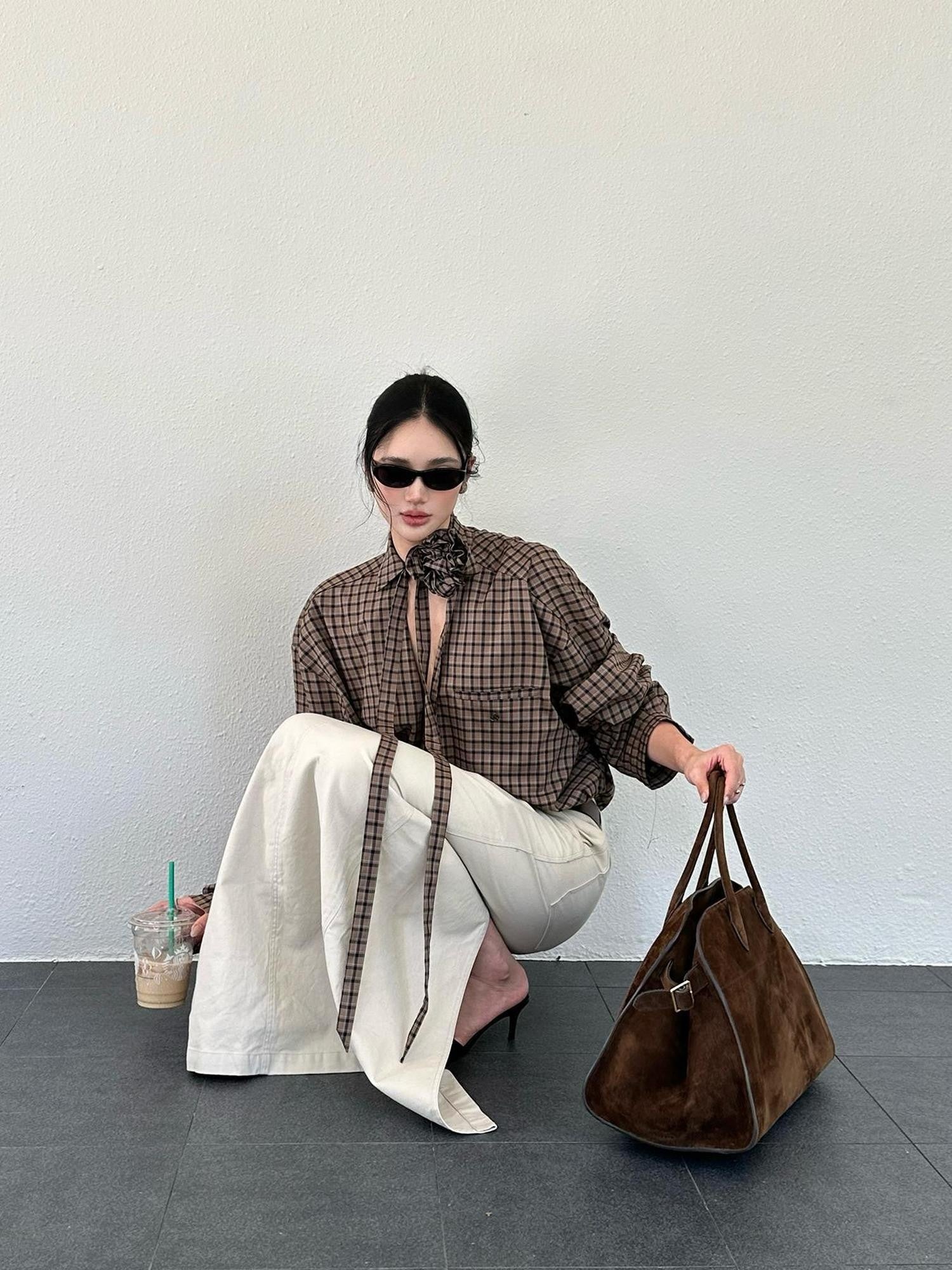 rovente Coffee Plaid Tie Neck V-neck Long Sleeve Women's Viscose Blend Shirt Jackets