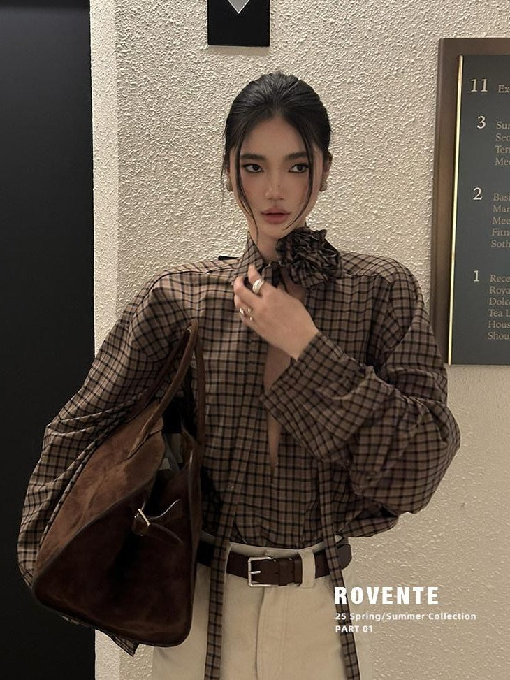rovente Coffee Plaid Tie Neck V-neck Long Sleeve Women's Viscose Blend Shirt Jackets