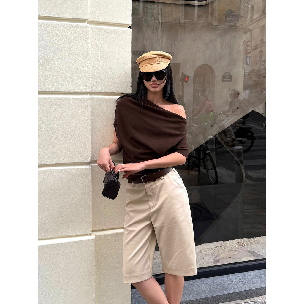 rovente_Coffee_Pleated_Slant_Neck_Knitted_Women's_Viscose_Off-shoulder_T-shirts_951437212787_MISSTT