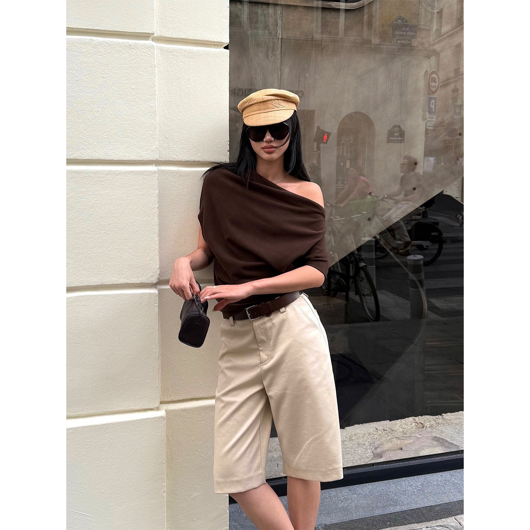 rovente_Coffee_Pleated_Slant_Neck_Knitted_Women's_Viscose_Off-shoulder_T-shirts_951437212787_MISSTT