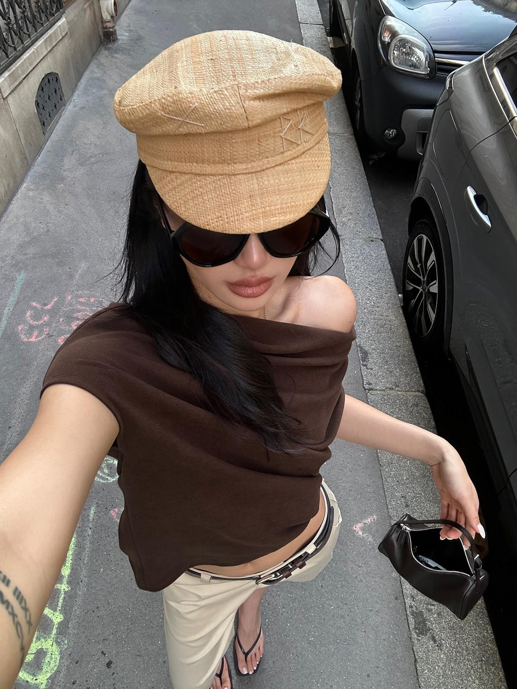 rovente Coffee Pleated Slant Neck Knitted Women's Viscose Off-shoulder T-shirts
