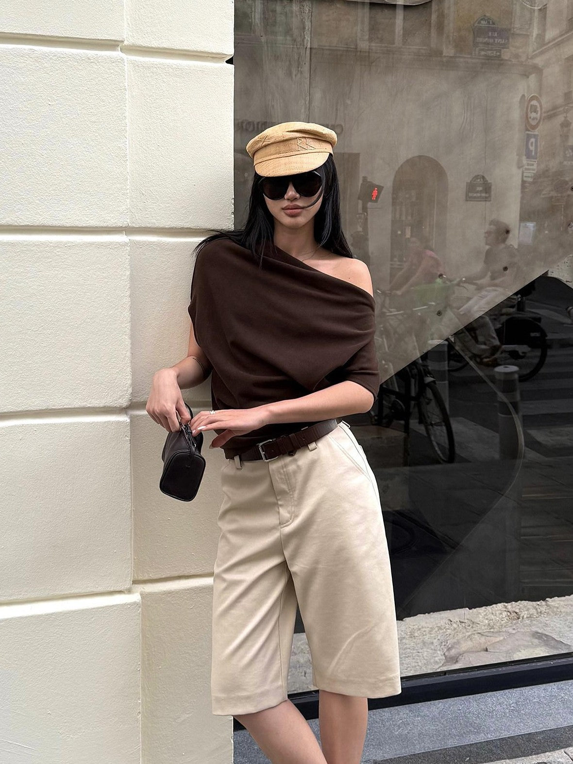 rovente Coffee Pleated Slant Neck Knitted Women's Viscose Off-shoulder T-shirts